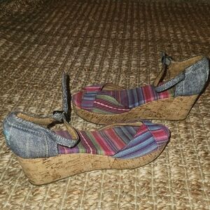 Toms Jean And Striped Multicolor Cork Wedge Espiadrelle Sandals Comfy Vacation
